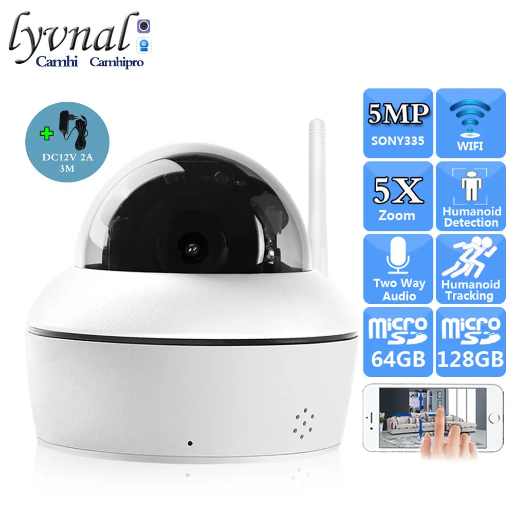 H265 Sonyimx 335 5MP Wireless Security IP Camera Wifi PTZ Dome 5X Auto Zoom Humanoid Tracking Two Way Audio Outdoor With SD Card