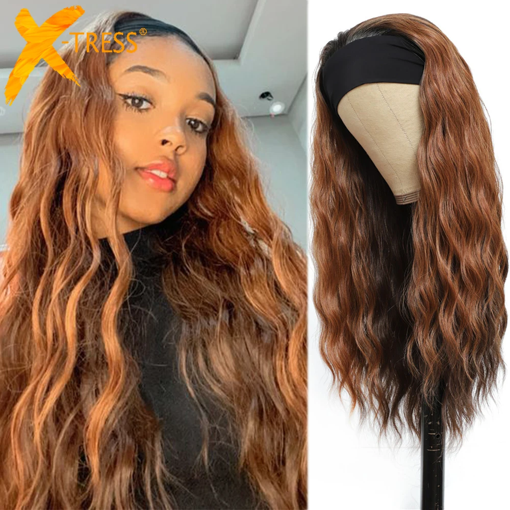 X-TRESS Synthetic Headband Wigs Long Natural Wave Ombre Brown Colored Glueless Hair Wig For Black Women Heat Resistant Fiber