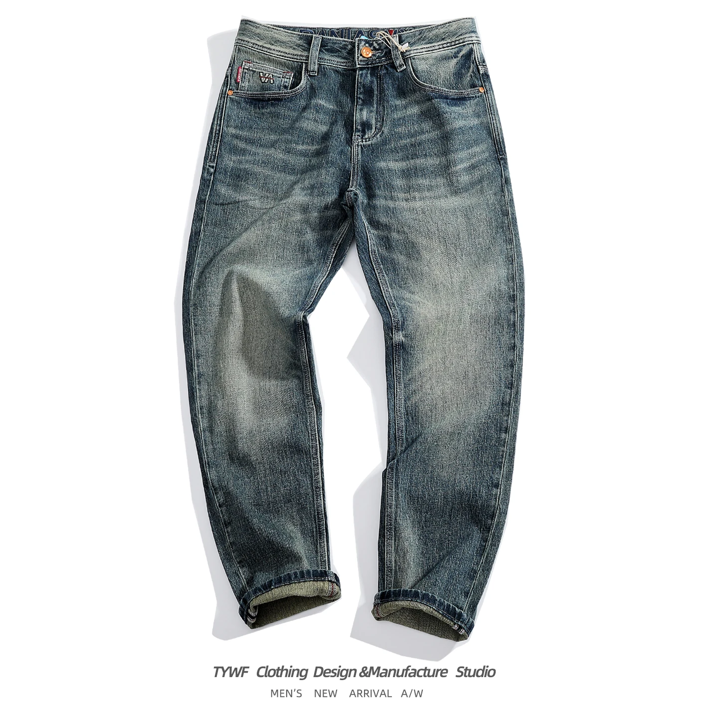 Retro American Washed Denim Jeans Men's Slim Straight High Elastic Wear Resistant Long Trousers Fashionable Cotton Elastic Denim