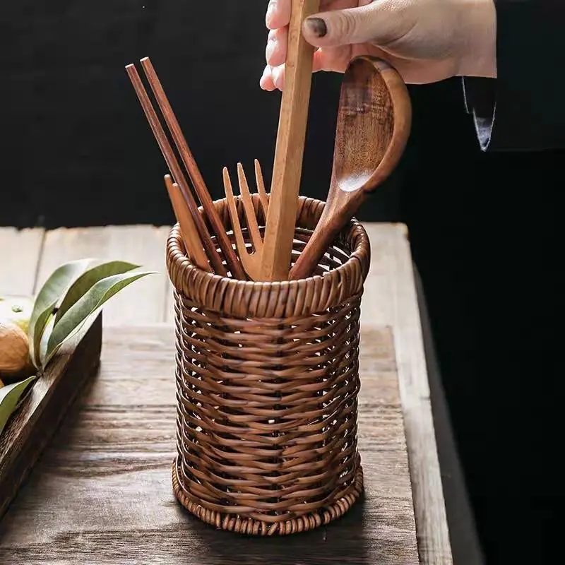 

Multi Functional Imitation Rattan Woven Chopstick Tube Household Kitchen Drainage Storage Box Knife Fork Spoon Tableware Storage