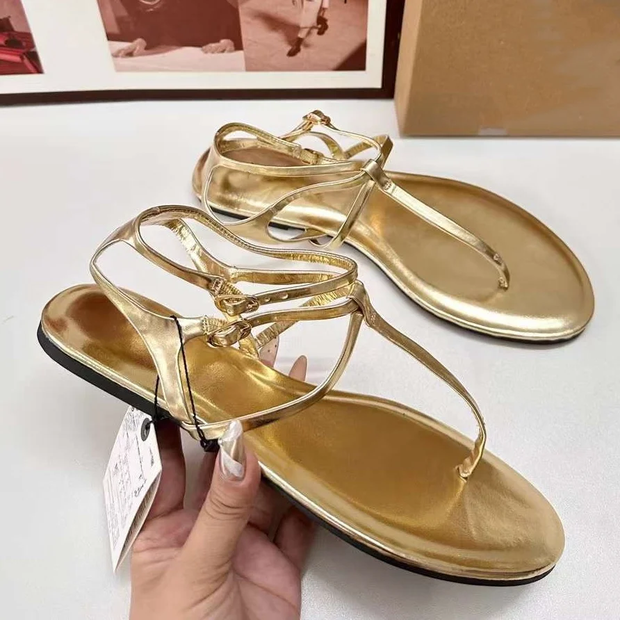 TRAF 2024 Female Gold Ankle Straps Flat Sandals Summer Round Head Open Toe Flat Shoes Women Sexy Beach Roman Sandal New