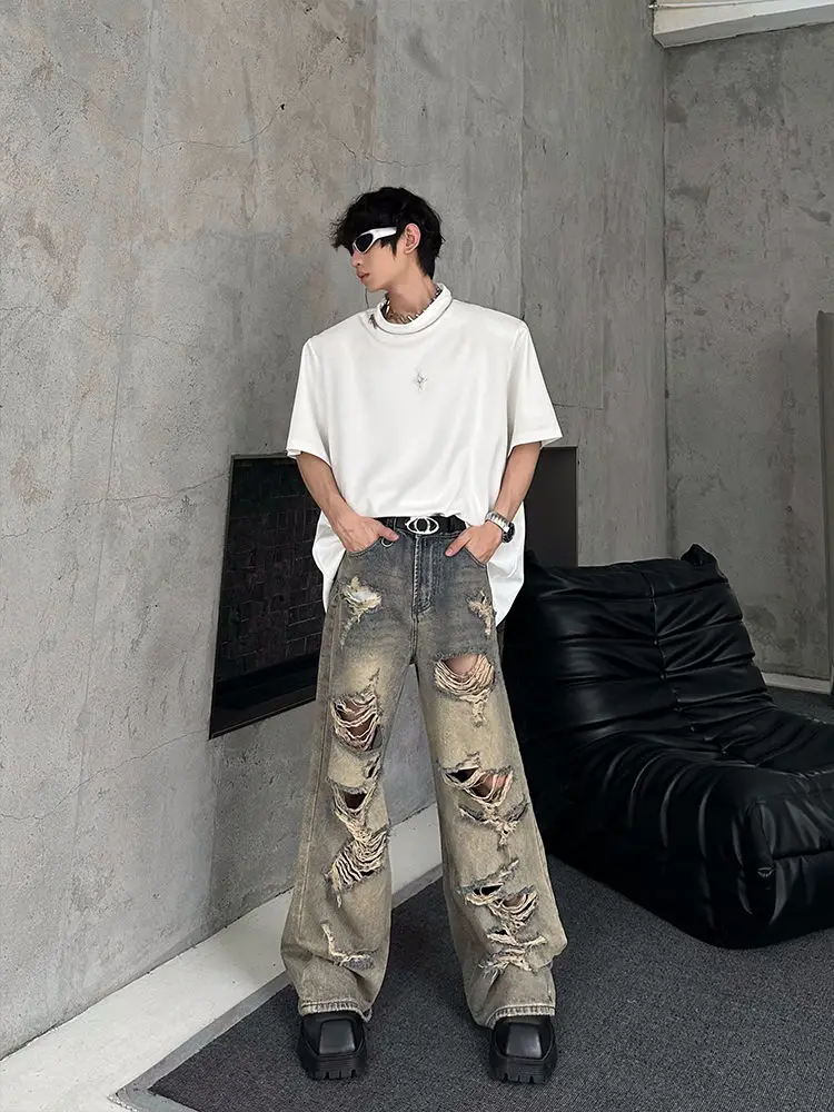 

Foufurieux Summer Ripped Jeans Men Clothing High Street Loose Straight Leg Washed Trend Brand Casual Wide Leg Pants for Men