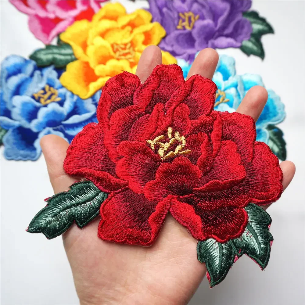 14CM Red Blue Purple Peony Flower Sew Iron On Patches Embroidered Badges For Dress Clothes DIY Wedding Appliques Decoration