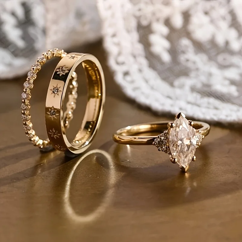 The latest unique luxury ladies 3-piece set, the Marquez cut horse eye synthetic zircon ring set, is suitable for bridal engagement and wedding commitment rings, perfect for everyday women's jewelry accessories