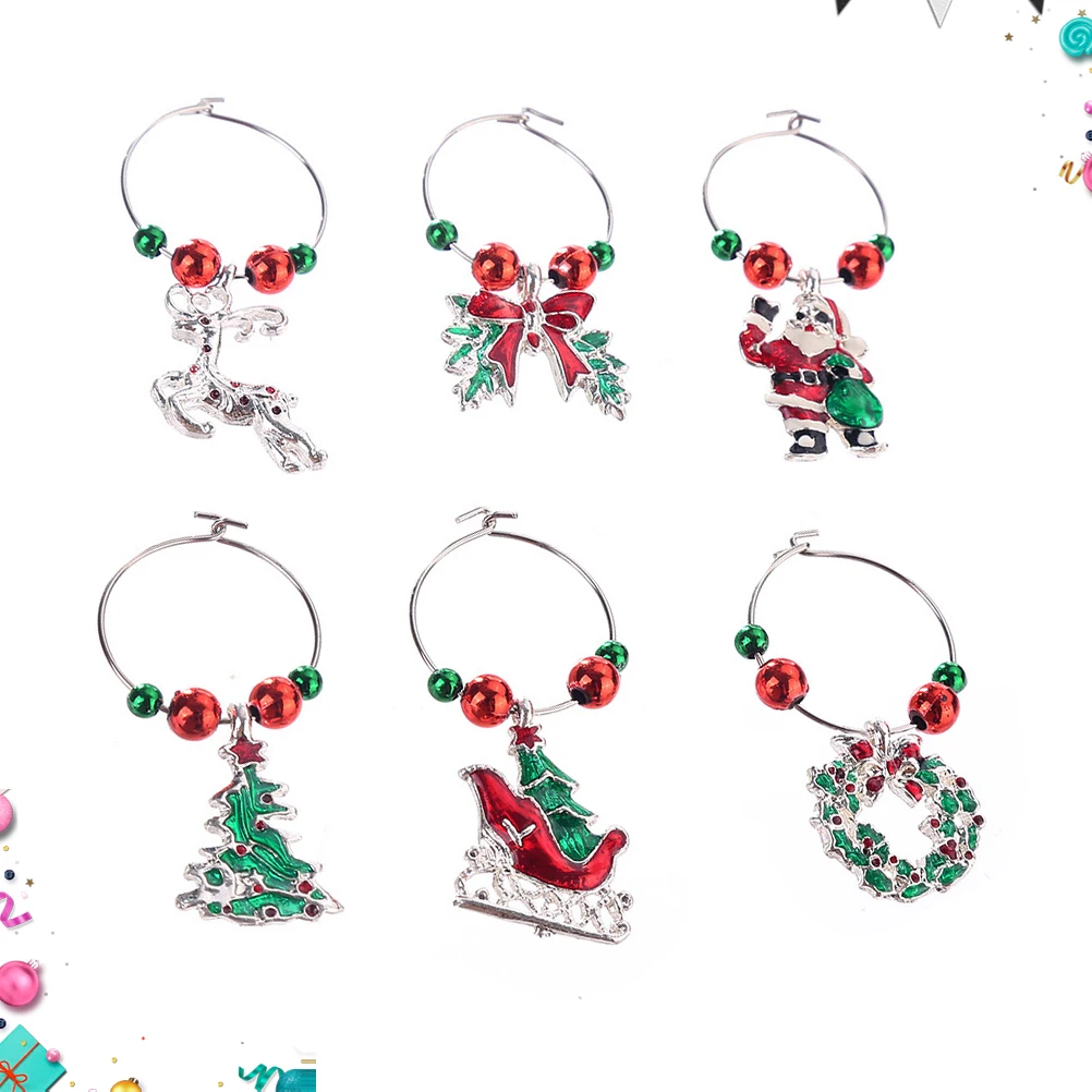 

6pcs Wine Glass Charms Metal Drink Markers Christmas Party Favors Goblet Rings Holiday Toast Accessories Bar Tools Kitchen