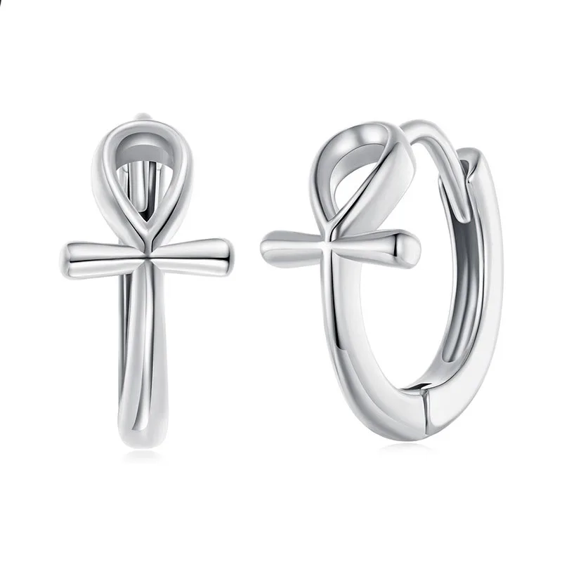 

Solid S925 Silver Earrings Women Cross Hoop Earrings Stamp S925