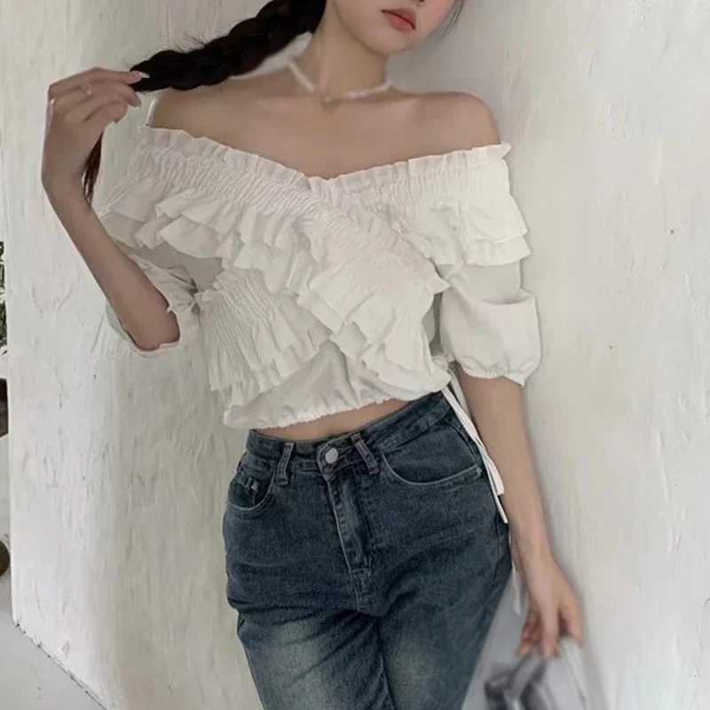 

Женские топы Женские футболки Sweet Strap дизайн Короткие рукава Края с рюшами