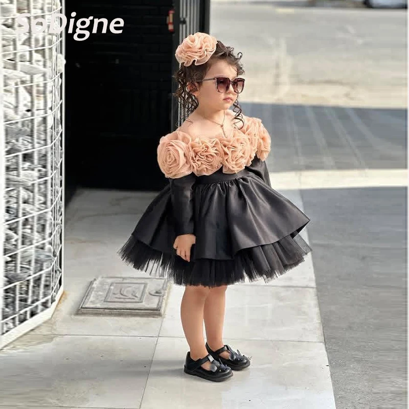 SoDigne 3D-Blume, A-Linie, Satin/Tüll, Blumenmädchenkleid, schulterfrei, kurz, 2026, Mädchenrock, Partykleider, Kinderkleid, individuell