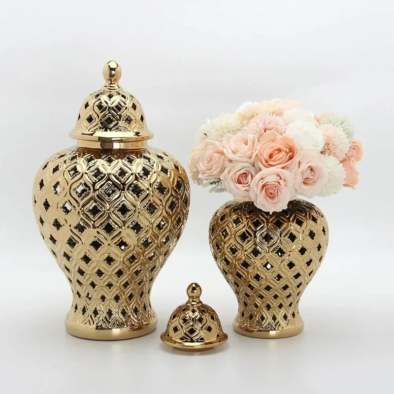 Handmade Ceramics Hollow Out General Jar Candy Jar Storage Tank Gold Silver Art Decorative Jar Vase Home Living Room Decoration