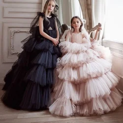 Robes de demoiselle d'honneur personnalisées, à plusieurs niveaux, en tulle rose et noir, avec manches à nœud, pour mariage, fête d'anniversaire, première communion