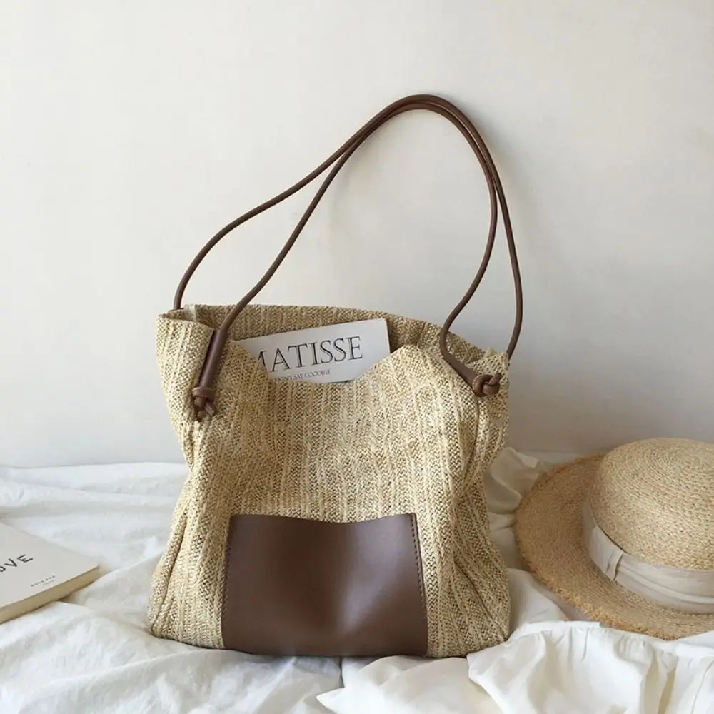 Straw Woven Straw Tote Bag PU Strap Large Capacity Shoulder Purse Thick Material Lightweight Shoulder Crossbody Bag