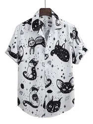 Men's Shirts For Men Cat Printed Cuban Collar Summer Vintage Elements Shirt Hawaii Beach Men's Clothing Outdoor Street Loose Top