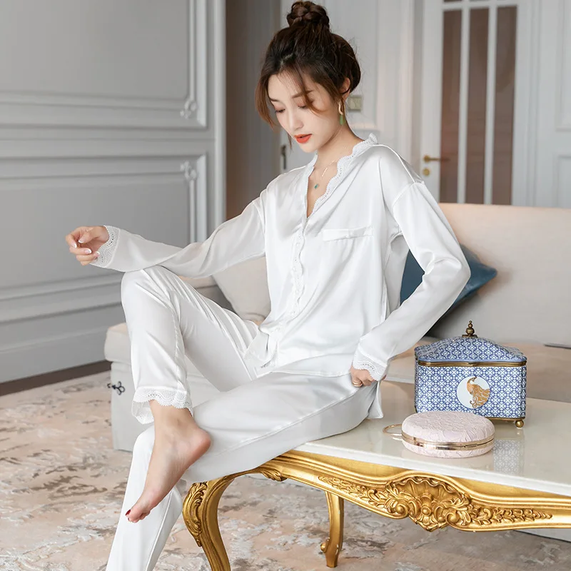 

Autumn Women's Long Sleeves Sleepwear White 2 Piece Women Wear Pijama Mujer V-Neck Loungewear Pajama Set Loungewear Sleep Set