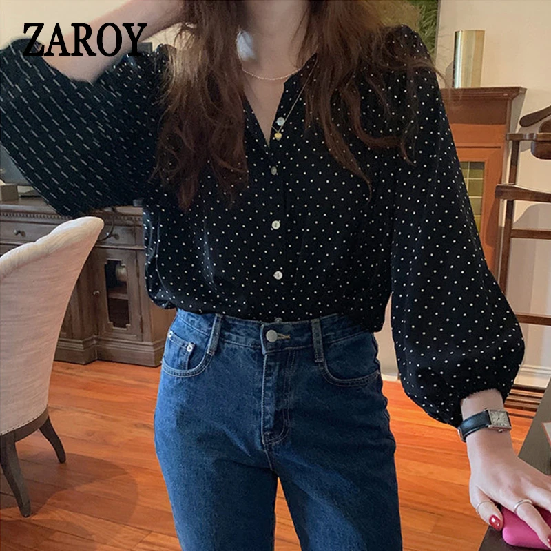 PLAZSON قمصان وبلوزات camisas e blusas рубашка Spring Elegant Dot Print Blouse Women Lapel Top Autumn Button Long Sleeve Shirts