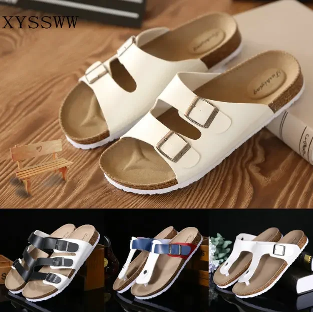 New Summer Beach Cork Slippers Sandals Casual Double Buckle Clogs Sandalias Women men Slip on Flip Flops Flats Shoes