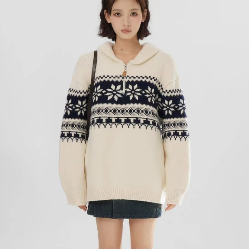 Donna Autunno Inverno Risvolto Casual Top lavorato a maglia Stile britannico Retro Manica lunga Jacquard Pullover Maglione dolcevita allentato con mezza zip