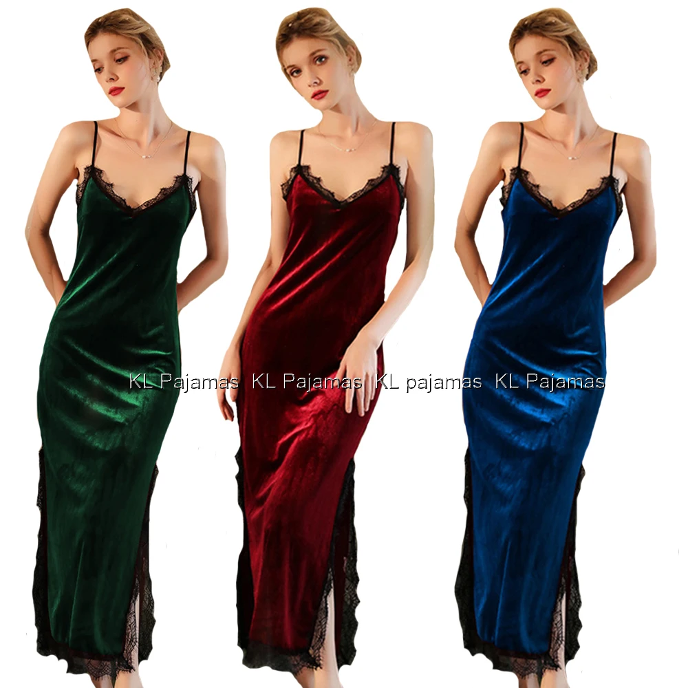 

Autumn and Winter Women's Lace Trim V Neck Long Nightgowns Warm Velvet Spaghetti Strap Split Nightdress Chemise Cami Sleepwear