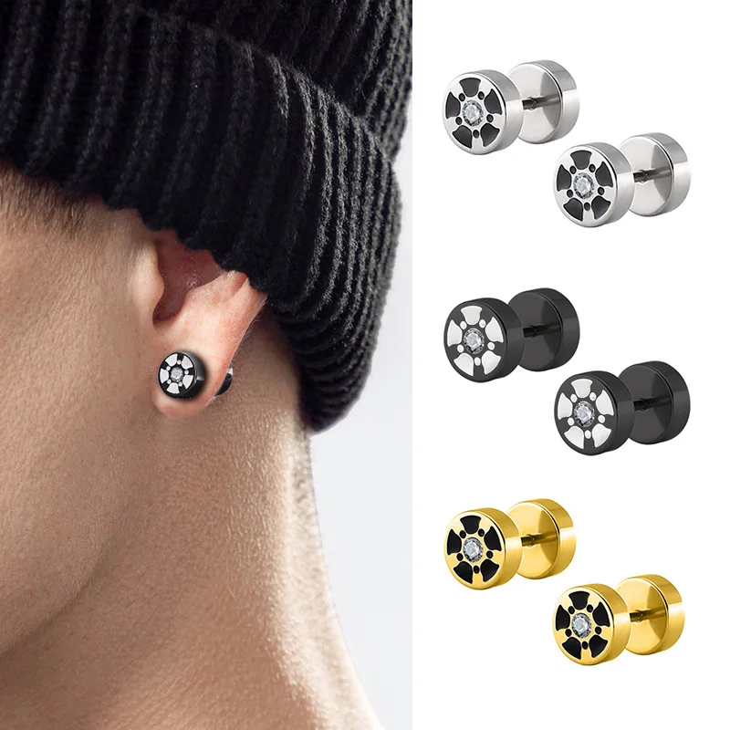 Men's Earrings Stainless Steel Screw Dumbbell Stud Earrings Round Zircon Barbell Earings Rock Jewelry Accessories Gift Wholesale