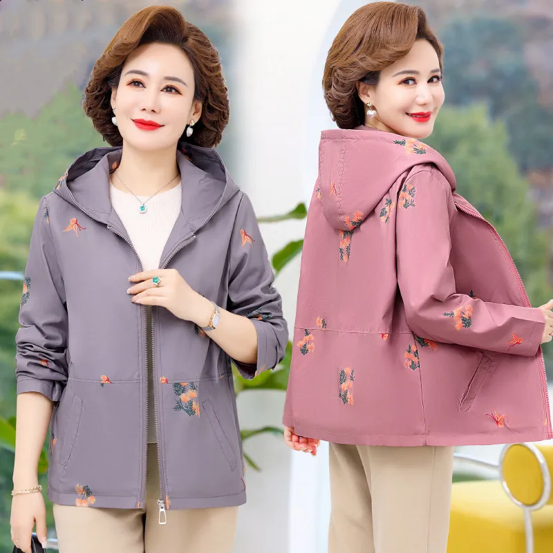 NEW Mother's Windbreaker Spring Autumn Fashion Print Hooded Jacket Noble Middle-Aged Elderly Women Short Coat Zipper Tops 5XL