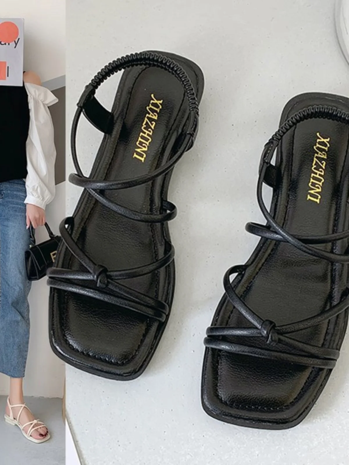 Roman Sandals Women Flat Bottom Fairy Style Summer New Soft Bottom Cross Thin Strap Beach Shoes Anti-Slip Low Cut Slip-On