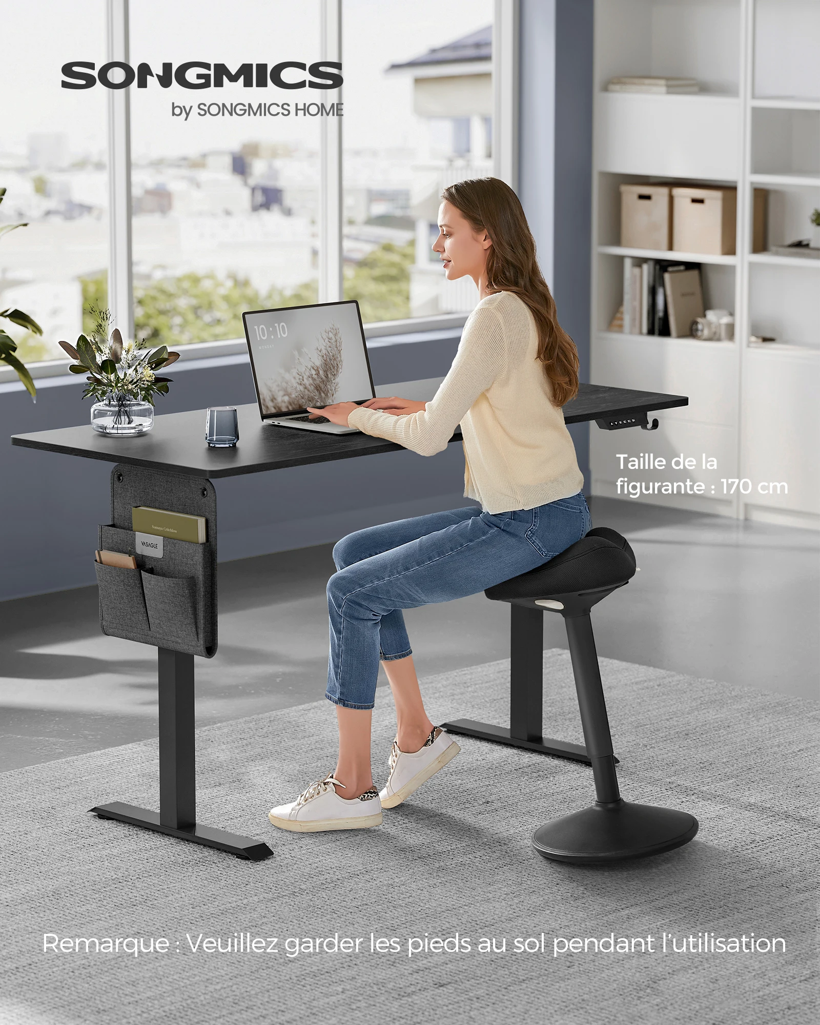 SONGMICS Tabouret Dynamique, Tabouret Assis-Debout, Siège Bascule à 360°, Hauteur Réglable 58-83 cm, Large Socle, avec Patin Antidérapant, Style Moderne