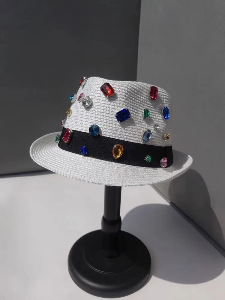 Summer Breathable Straw Cap Women Colorful Diamonds Stage Show Fedoras Roll Brim Holiday Beach Hat