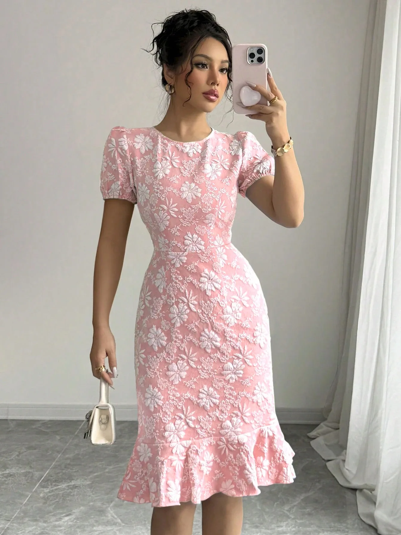 エレガントな女性のフリル裾半袖ドレススキニーヒップスリム膝丈ドレスカジュアルフラワープリントOネックオフィスパーティードレス