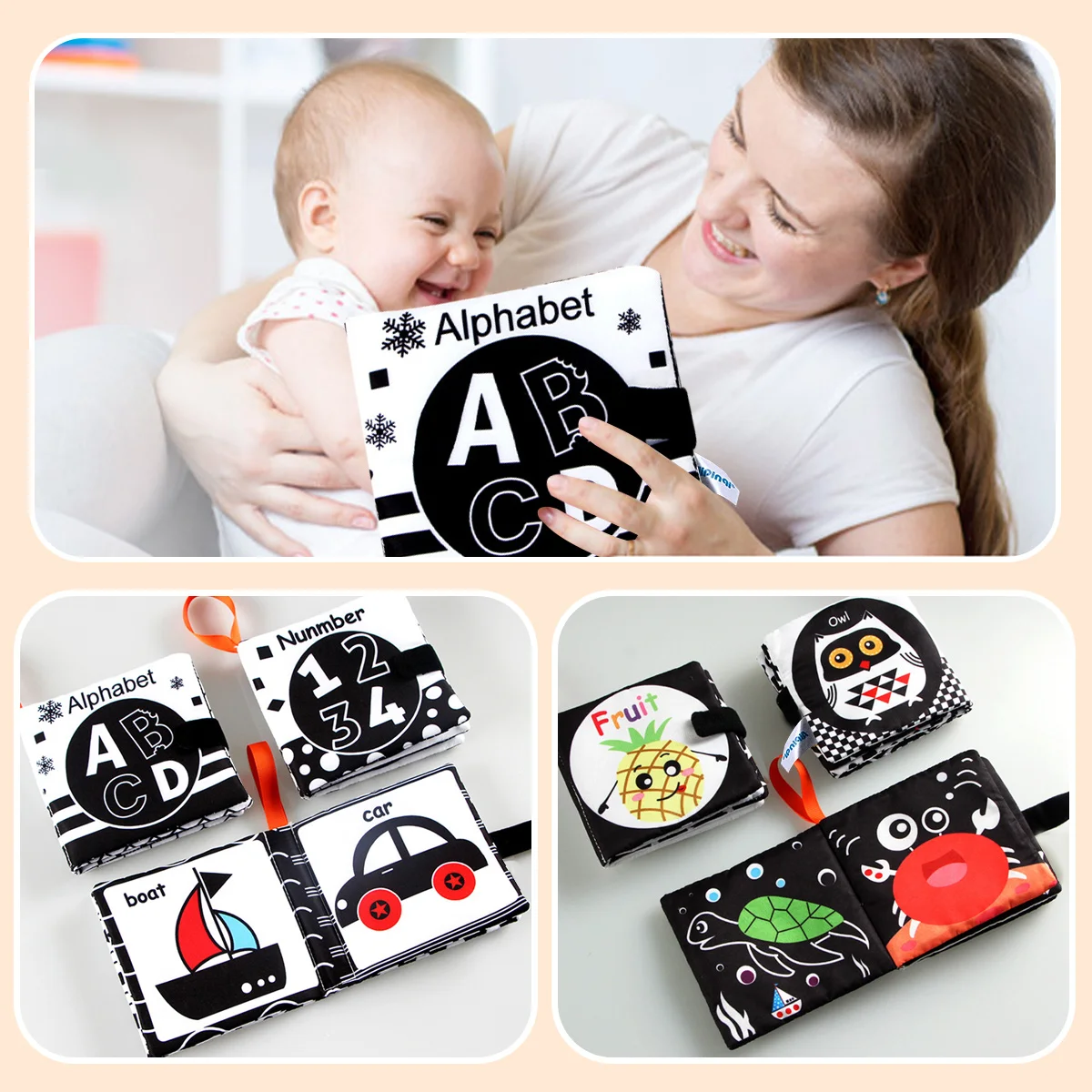 كتب قماش ناعمة كتب أطفال كتب قماشية للأطفال الرضع الصغار، عالية التباين أبيض وأسود مجعد قابل للغسل التعليم المبكر #4