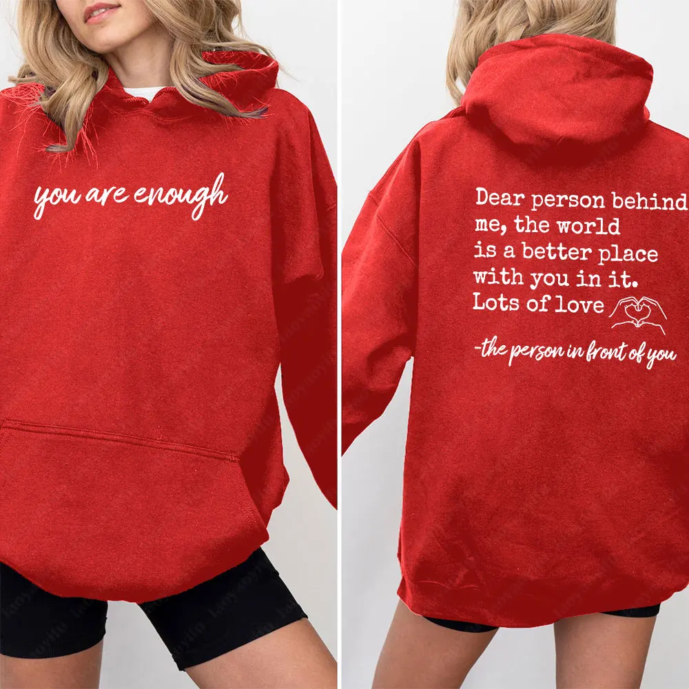 Du bist genug, lieber Mensch hinter mir, beidseitiger Hoodie, Hoodie mit Positivität auf Vorder- und Rückseite, Sweatshirt zur Suizidprävention – Detail 16