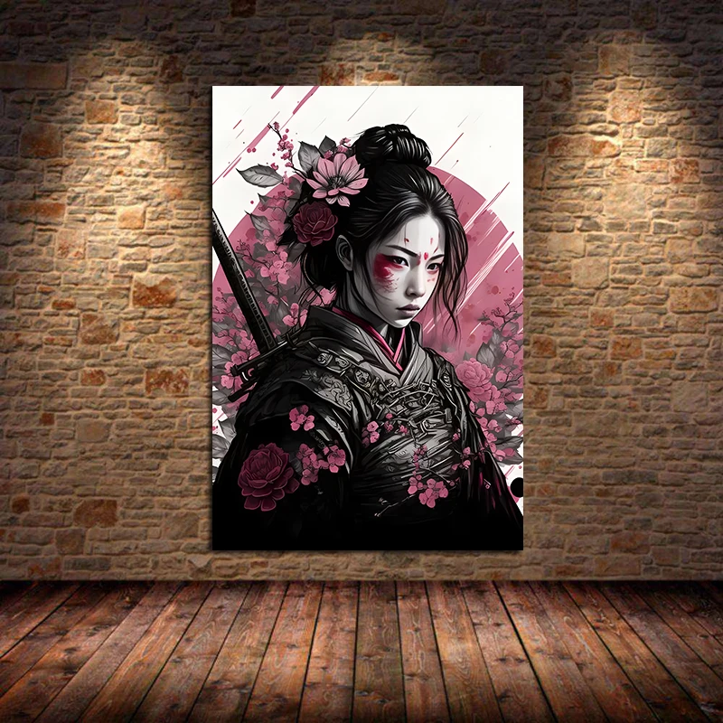 Vintage Japanese Geisha Woman Girls Samurai Sword Art Poster Canvas Painting Wall Prints Picture for Living Room Home Decor