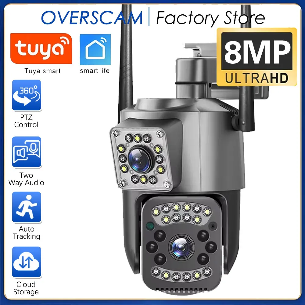 

Tuya 4K 8MP двойной объектив двойной экран Wi-Fi камера безопасности уличная 4MP + 4MP PTZ автоматическое отслеживание человека цвет ночного видения двустороннее аудио