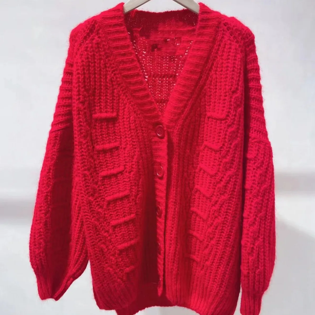 

Loose V-ne Knitted Sweater Cardigan Luxury French Sle Red Color New Year Collection Women's Premium Quali Woolen Coat