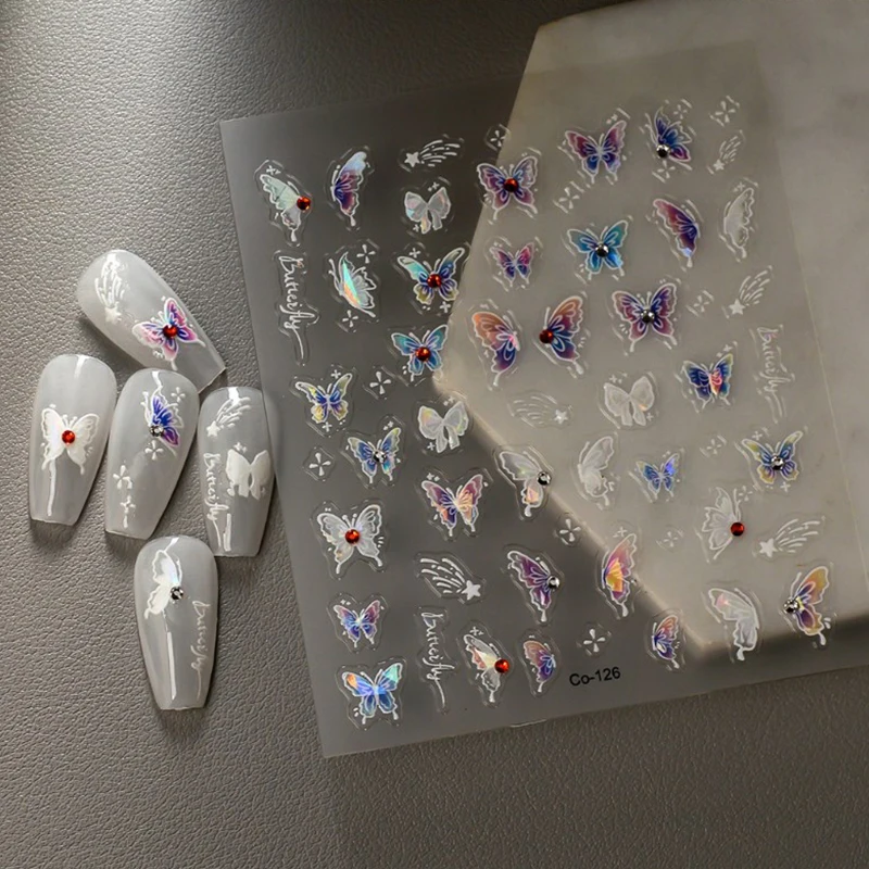 Autocollants pour ongles papillon 3D, liquide, coloré, blanc, fin, résistant, adhésif, cristal, diamant