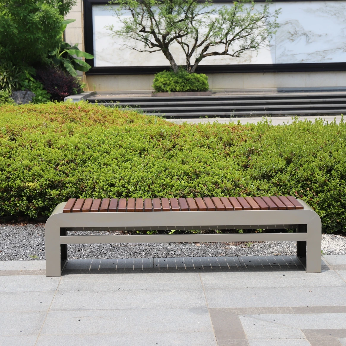 

Customized Wood Chair No Armrest Garden Seating Bench Stainless Steel Outdoor Street Benches With No Back Rest