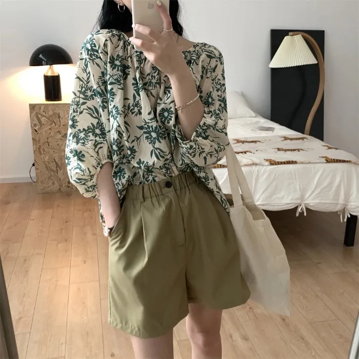 

Летний женский топ свободного кроя с цветочным принтом, тонкий, с рукавами-фонариками, круглым вырезом, удлиненный, стандартный крой