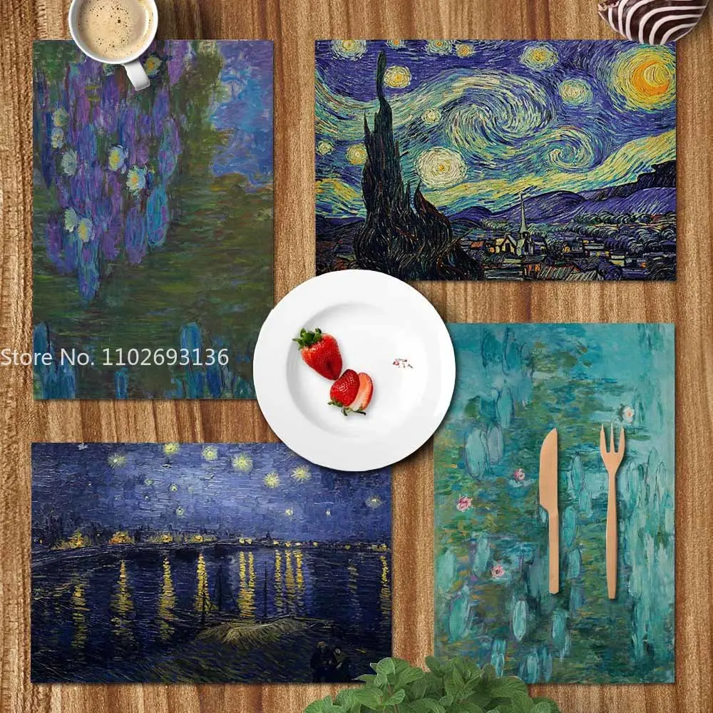 Monet Placemat Famous Oil Paintings Van Gogh Kitchen Decor Cotton Linen Dining Table Coaster Pad Bowl Coffee Cup Mats Tablecloth