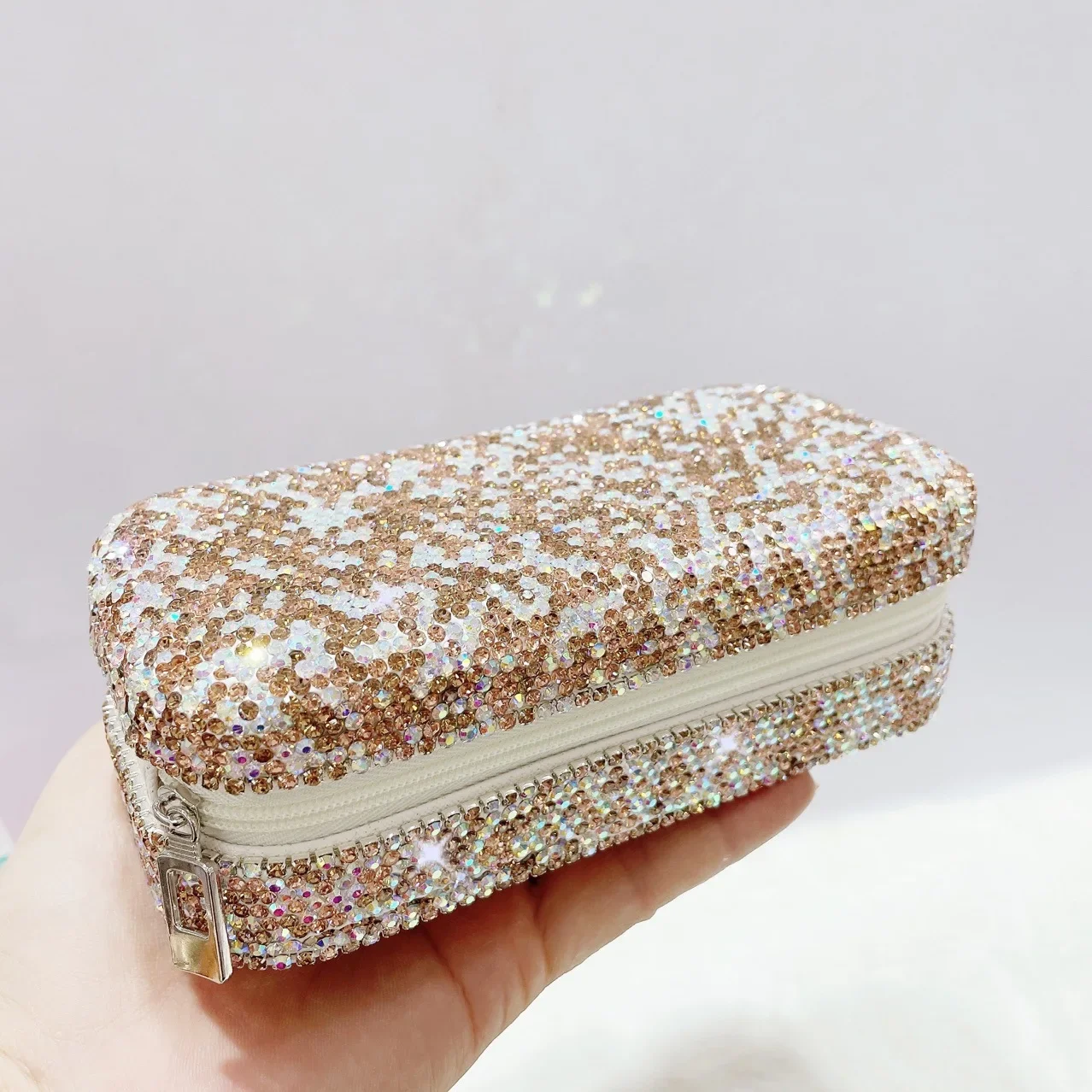 Portable Rings Necklaces Organizer Case Sparkling Rhinestone Jewelry Box With Zipper Travel Jewelry Storage Display Holder Gift