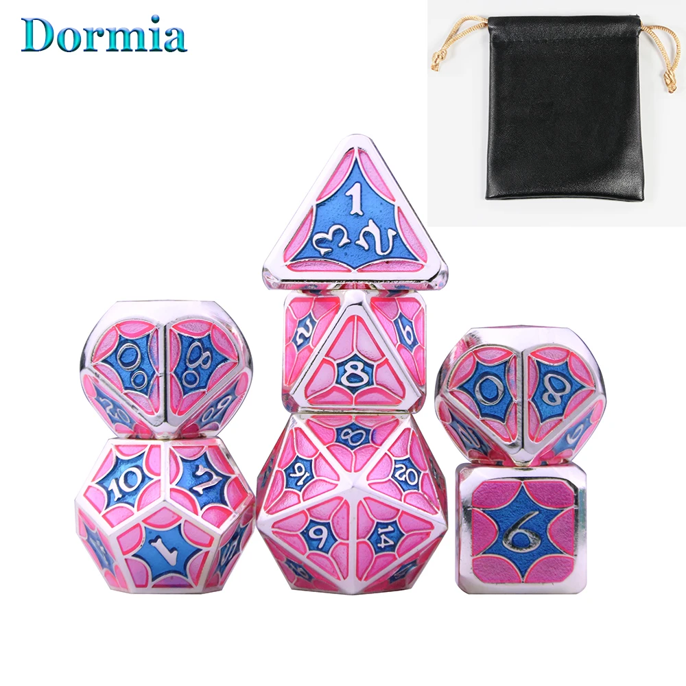 

New Arrival 7 Pcs/ Set Shiny Polyhedral Metal Dice Sets D4 D6 D8 D10 D12 D20 with Leather Bag, for DNDGame RPG Tabletop Game