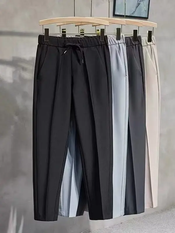 Slim Fit Men's Straight Leg Trousers Casual Pure Color Iron Free Nine Points Elastic Dstring Autumn Spring Cuffed Pants