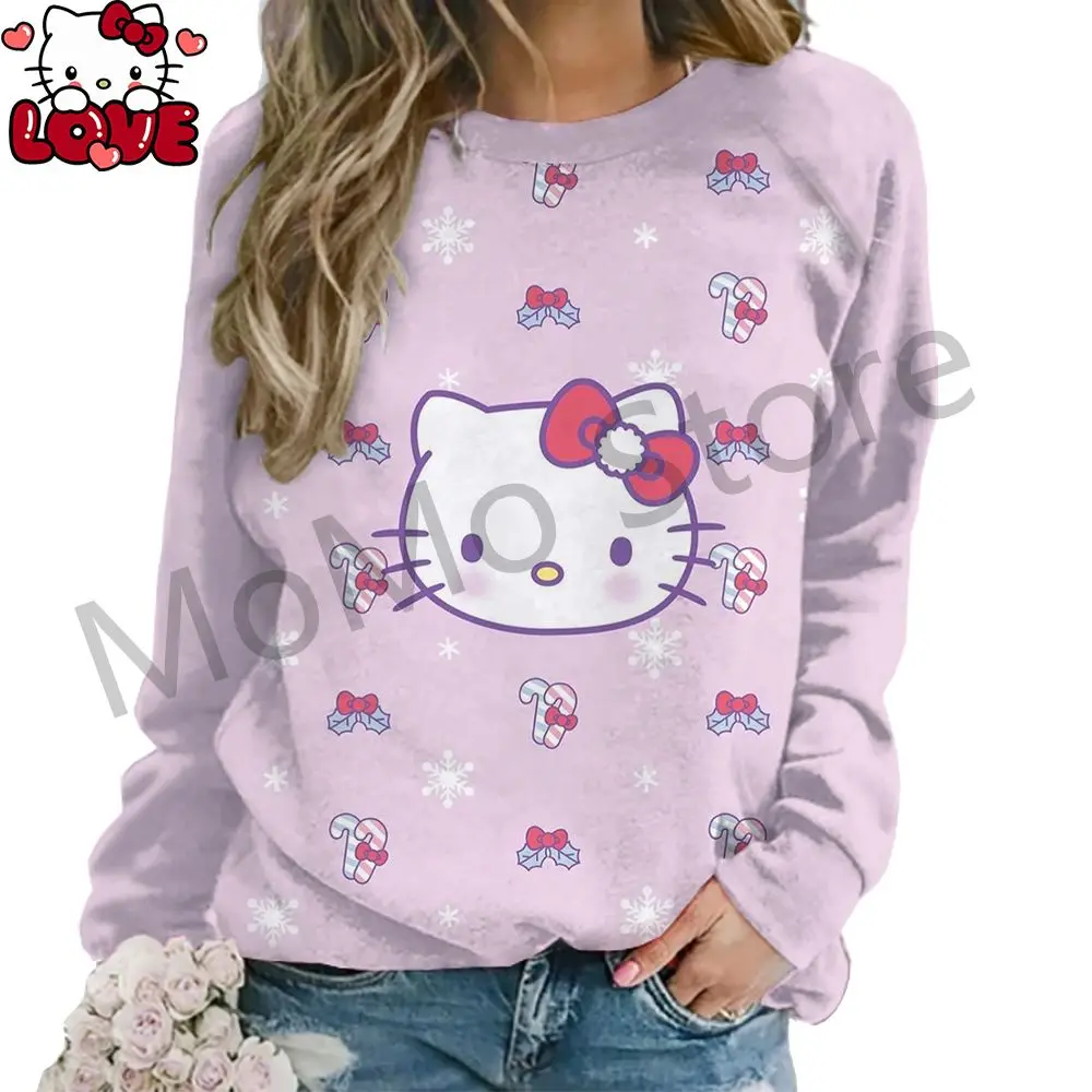 Women's Long Sleeve Sweatshirts O Neck Hello Kitty S-3XL 2024 3D Print Pullovers Leisure Party Youthful Woman Clothes New Autumn