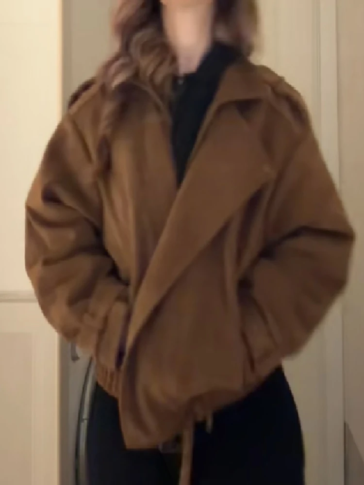Women Vintage Soft Faux Suede Fabric Asymmetric Zip Coat Oversized Aviator Bomber Jacket Buckle Belt Elastic Hem Loose Outerwear