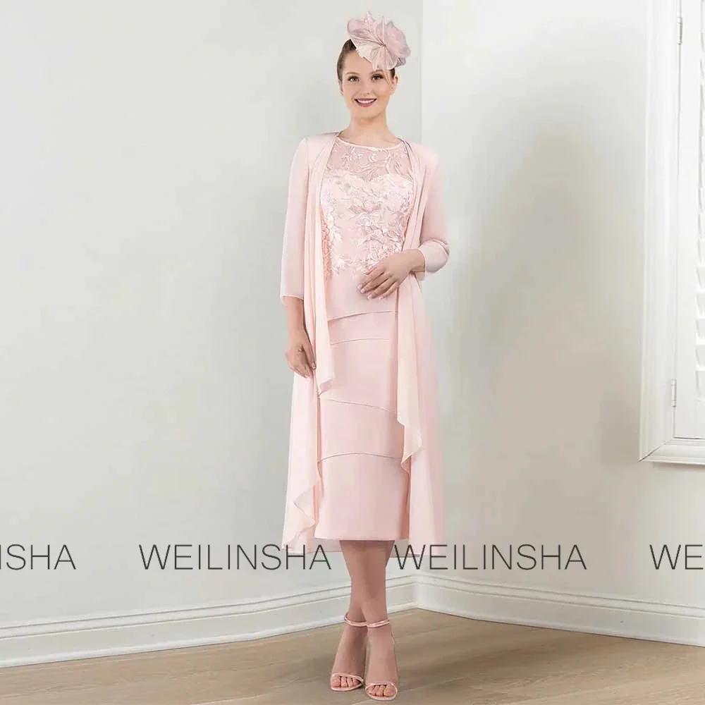 Customized Women's Mother of the Bride DressChiffon Sheath/Column Prom Dress Pink O-Neck Embroidery Two-Piece Set Gala Dresses