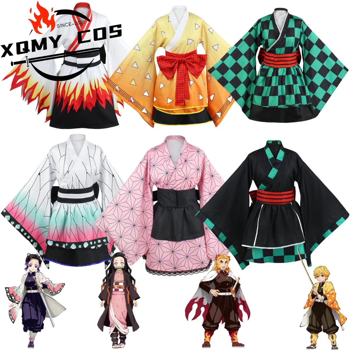 XQAnime Kamado Tanjirou Kochou Shinobu Rengoku Kyoujurou Kamado Nezuko Agatsuma Zenitsu disfraz Cosplay mujer Linda falda Lolita