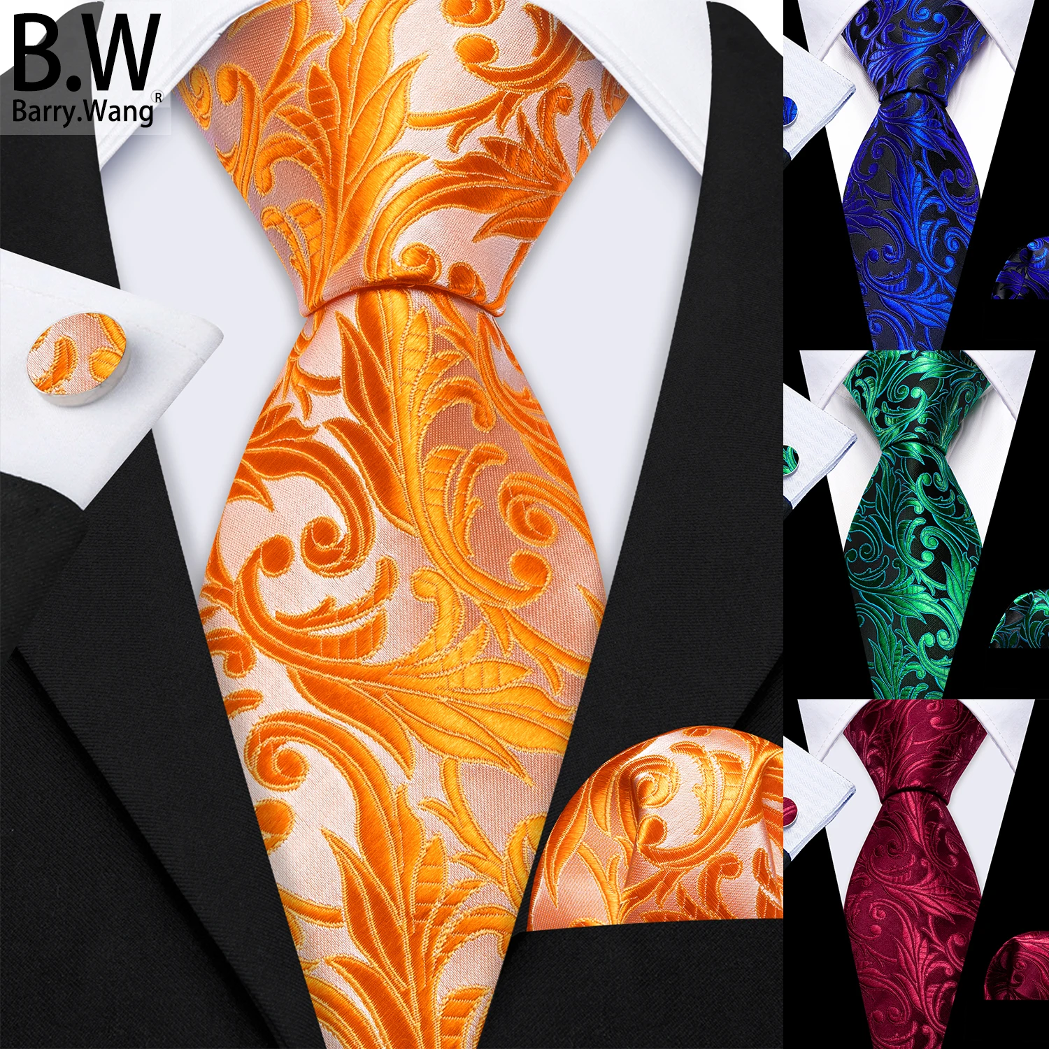 Barry.Wang Silk Men Tie Hanky Cufflinks Set Designer Floral Same Pattern Various Colours Necktie for Male Wedding Business Party