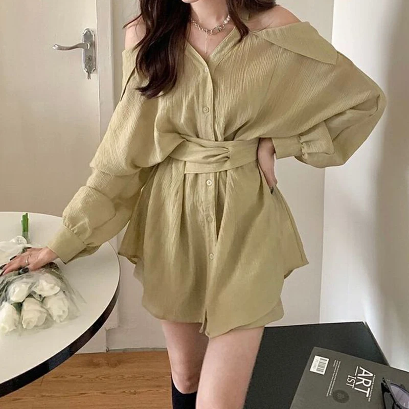 Shirt dress women's suit 2024 summer new long-sleeved shirt POLO collar sunscreen shirt long shorts two-piece suit