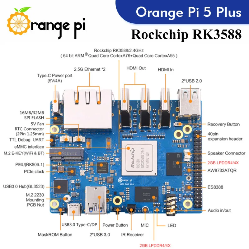 Orange Pi 5 Plus 4 ГБ ОЗУ Одноплатный компьютер RK3588 Модуль PCIE Внешний Wi-Fi6.0 + BT5.0 SSD Оранжевый Pi5 Plus Рабочий Android Debian