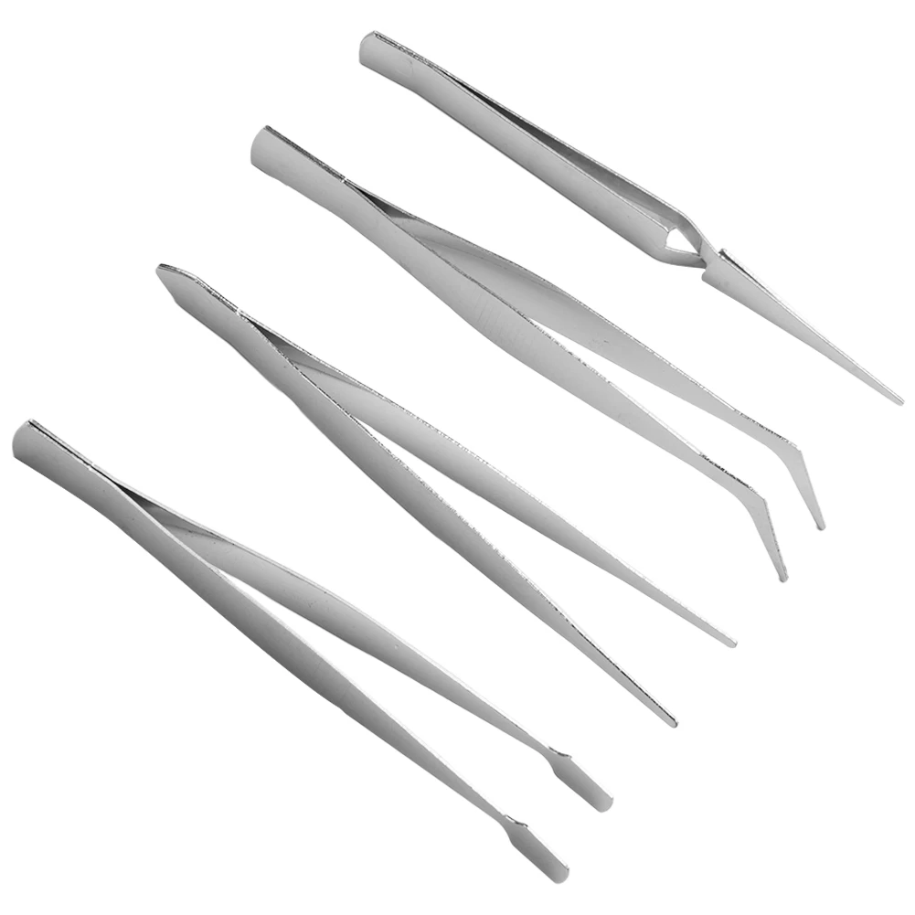 Hand Tools Tweezers Repair Tweezers Silver 4PCS Anti-Skid Stainless Steel Straight Bent Clip.Dressing High Toughness