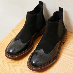 New Autumn Winter Vintage Brogue Sculpted Chelsea Boots Men Genuine Leather Ankle Boots Outdoor Work Motorcycle High Top Shoes