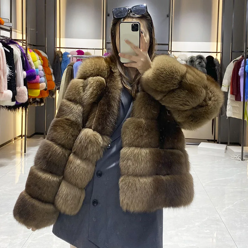 

JANEFUR Women Winter Coat Thick Warm Real Fox Fur Coat V-neck Fox Fur Collar Coats Elegant Luxury Lady Fox Fur Outwear