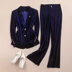 High End OL Long Sleeved Golden Velvet Suit Women Set Slim Fitting Fashion Blazer Jacket + Wide Leg Pants For Office Lady Z2363